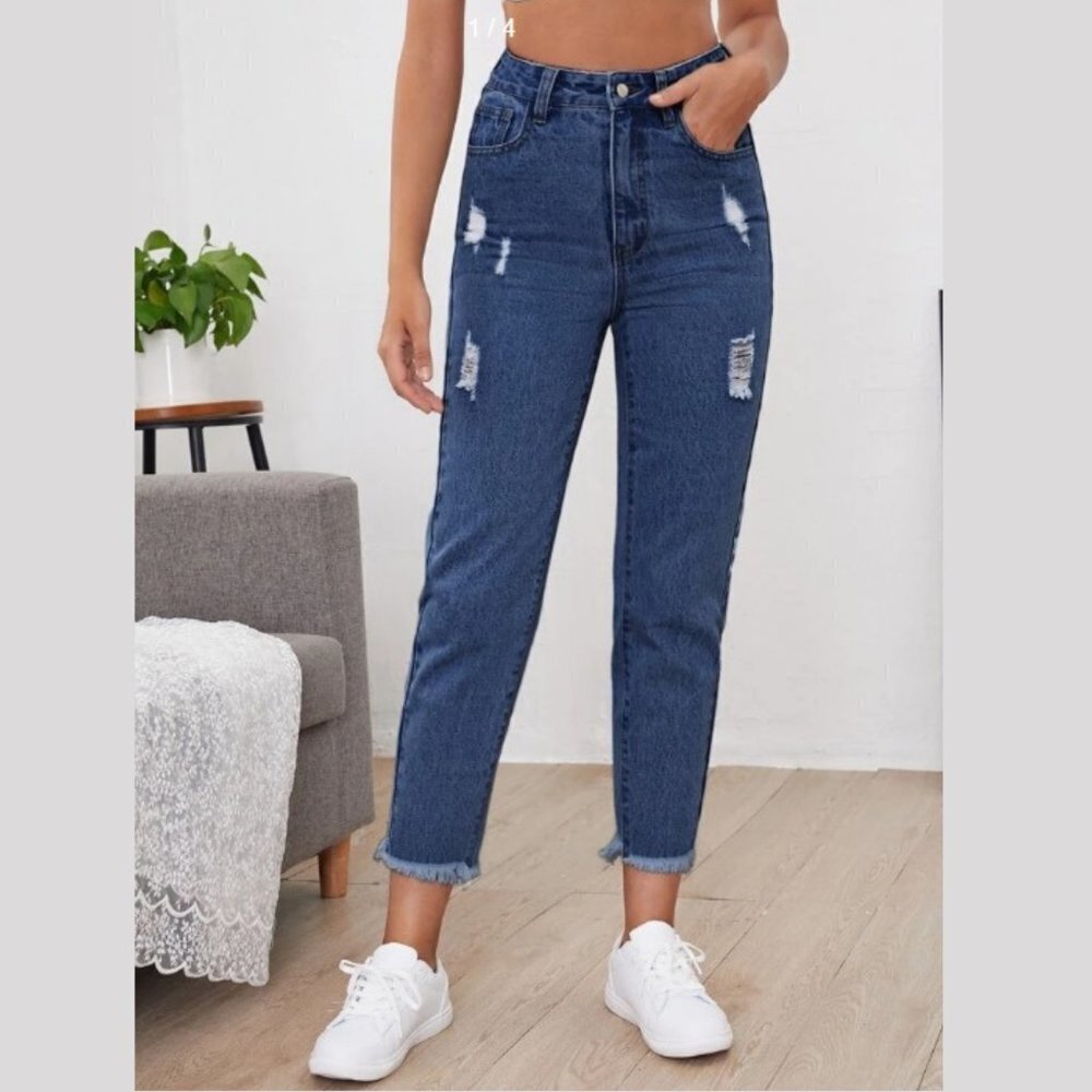 Shein Women's High Waist Letter Patch Ripped Raw Hem Mom Jeans - L